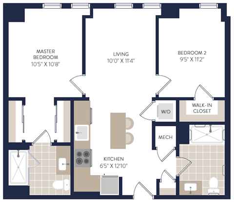 Floor plan for 2 beds, 2 baths